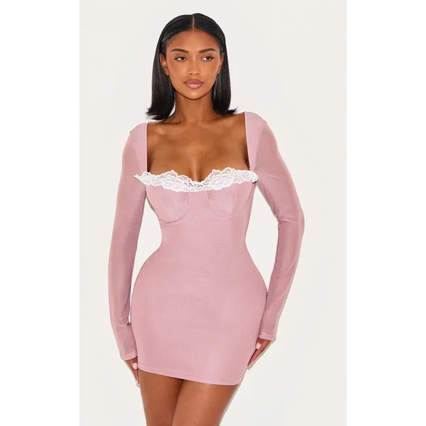 Shape Pink Mesh Underwired Lace Trim Long Sleeve Mini Dress