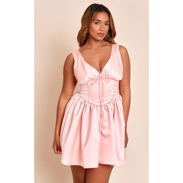Shape Pink Satin Plunge Front Cinched Waist Skater Mini Dress