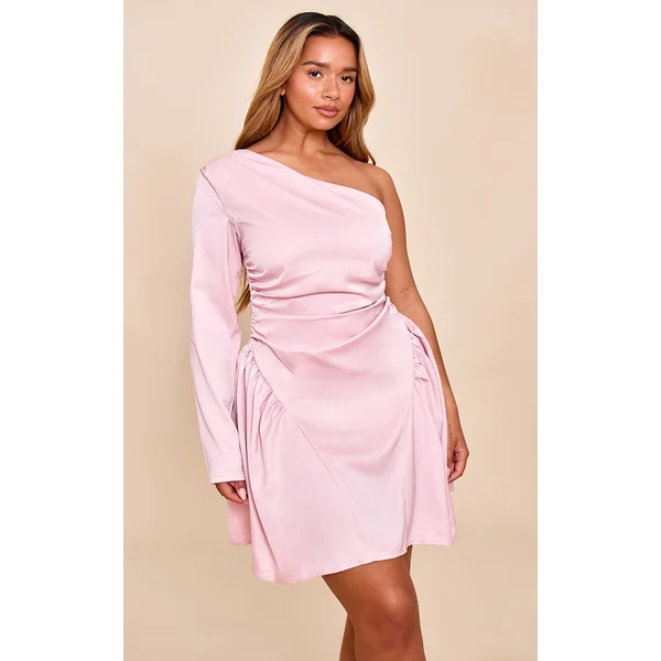 Shape Pink Satin Ruched One Shoulder Skater Mini Dress