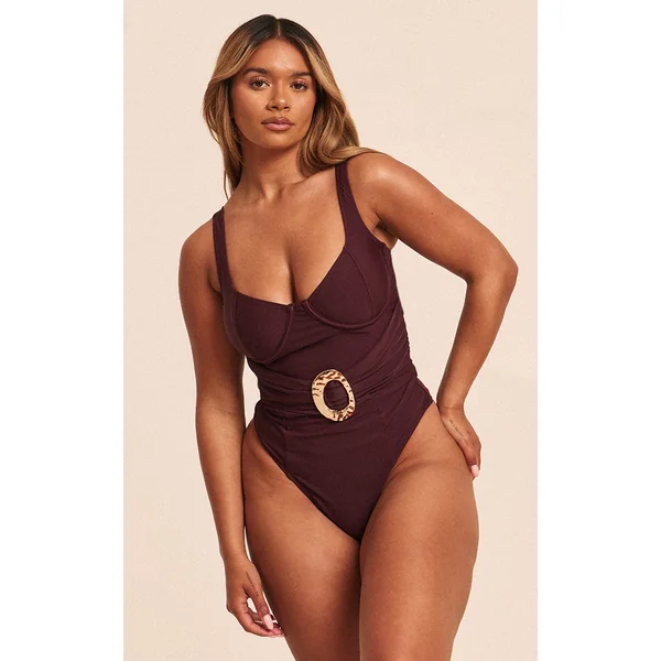 Shape Plum Underwired Cup Hammered Gold Trim Belted Swimsuit