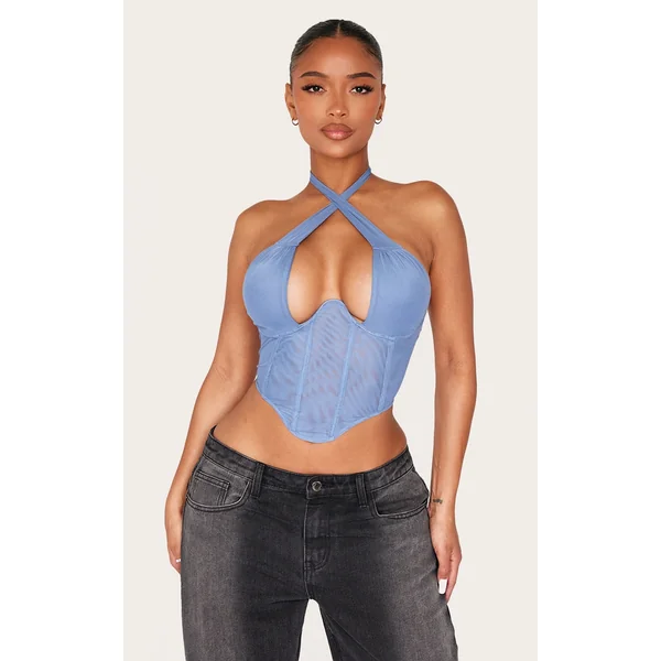 Shape Powder Blue Double Layered Mesh Tie Neck Corset Top