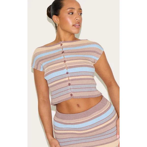 Shape Powder Blue Knitted Striped Button Front Boat Neck Top