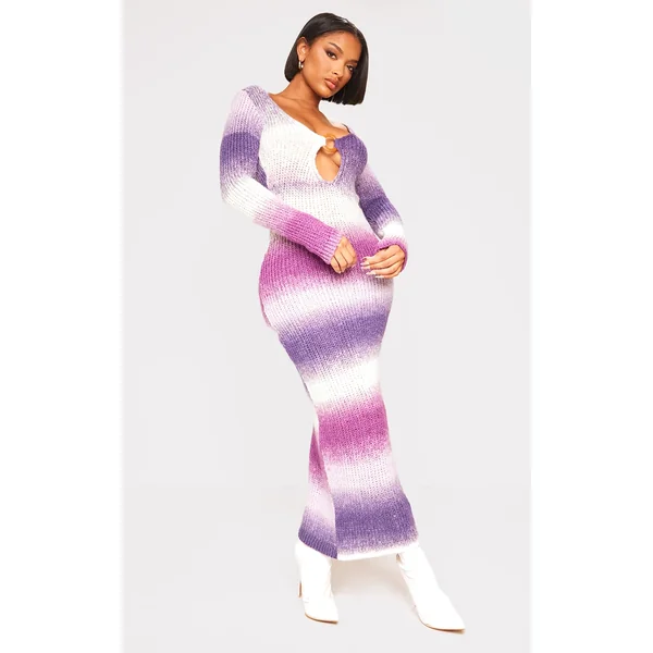 Shape Purple Ombre Knit Plunge Ring Long Sleeve Midaxi Dress