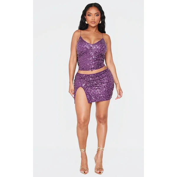 Shape Purple Pearl Sequin Low Rise Side Split Mini Skirt