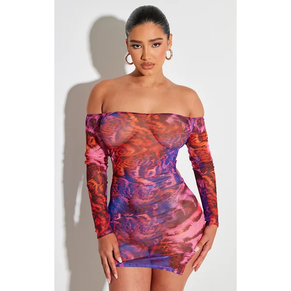 Shape Purple Printed Mesh Long Sleeve Bardot Cut Out Bodycon Dress