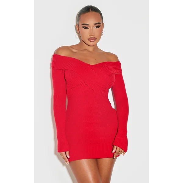 Shape Red Bardot Knitted Bodycon Dress
