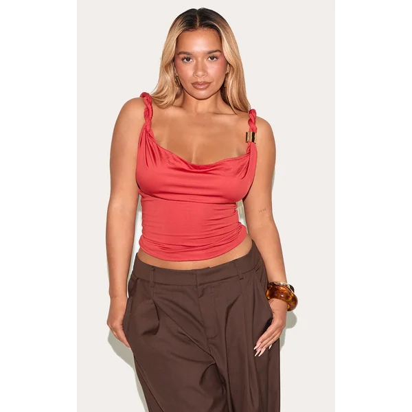 Shape Red Cowl Neck Twisted Gold Trim Strap Top