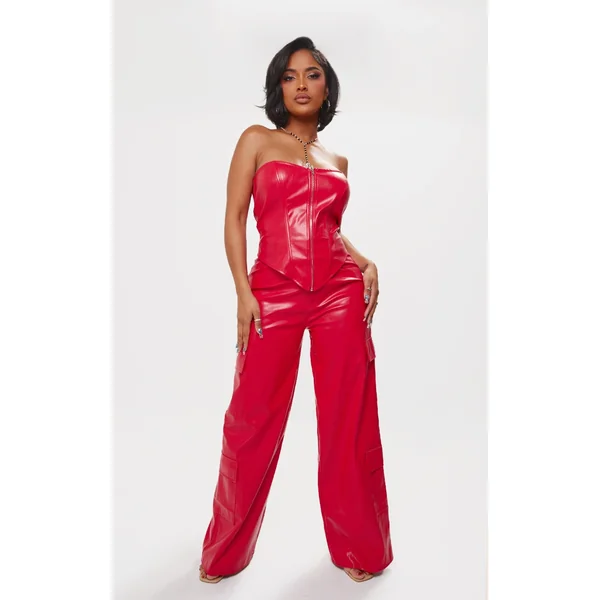 Shape Red Faux Leather Straight Leg Cargo Pants