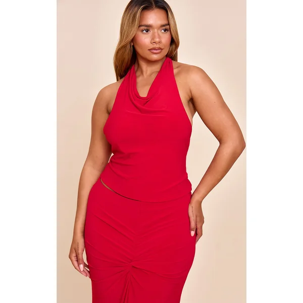 Shape Red Halter Neck Tie Back Gold Trim Cowl Top