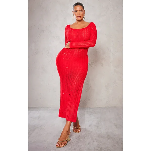 Shape Red Knit Scoop Neck Long Sleeve Maxi Dress
