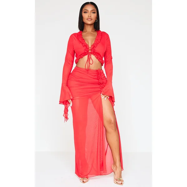Shape Red Low Rise Frill Detail Side Split Maxi Skirt