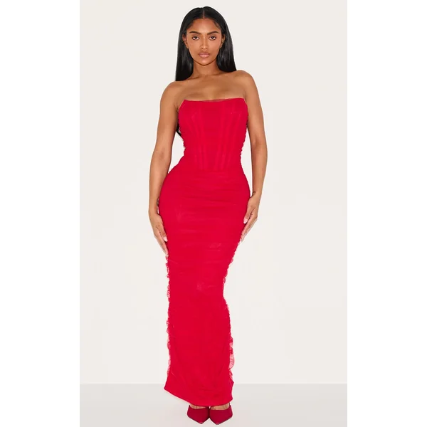 Shape Red Mesh Corset Bandeau Maxi Dress