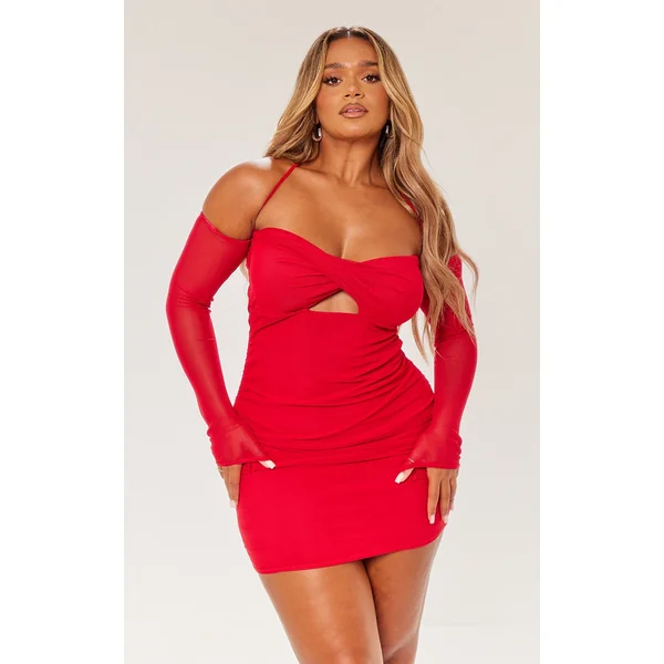 Shape Red Mesh Twist Cut Out Ruched Bodycon Dress