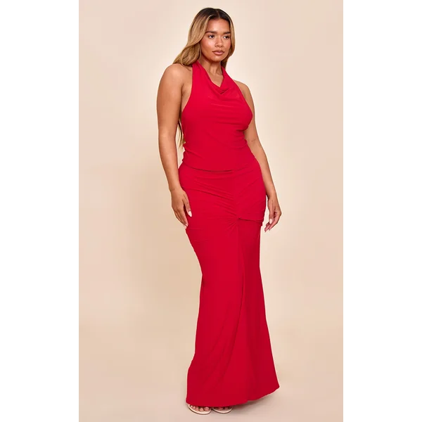 Shape Red Mid Rise Ruched Side Maxi Skirt