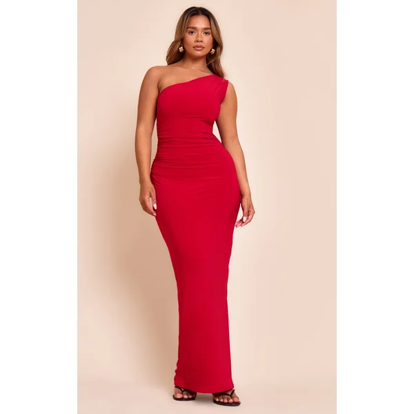 Shape Red One Shoulder Ruched Side Maxi Dress