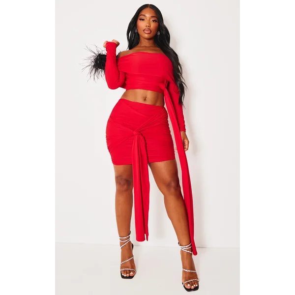 Shape Red Slinky Ruched Knot Side Mini Skirt