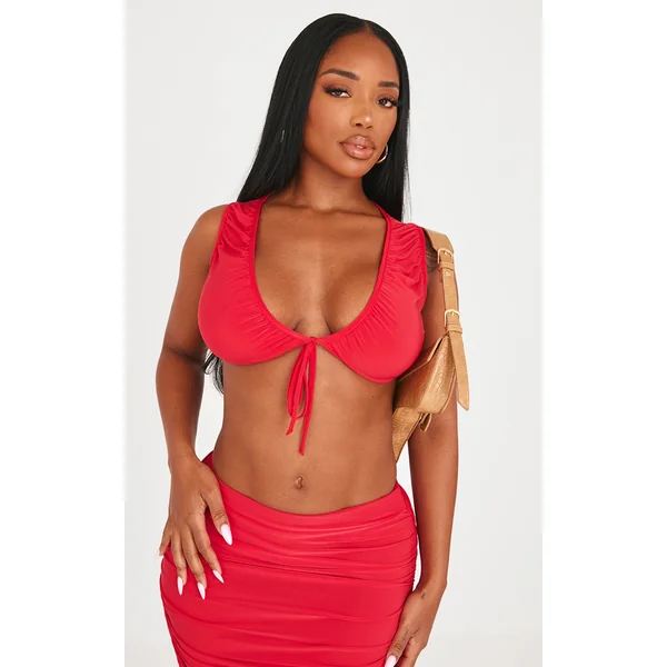 Shape Red Slinky Sleeveless Tie Front Top