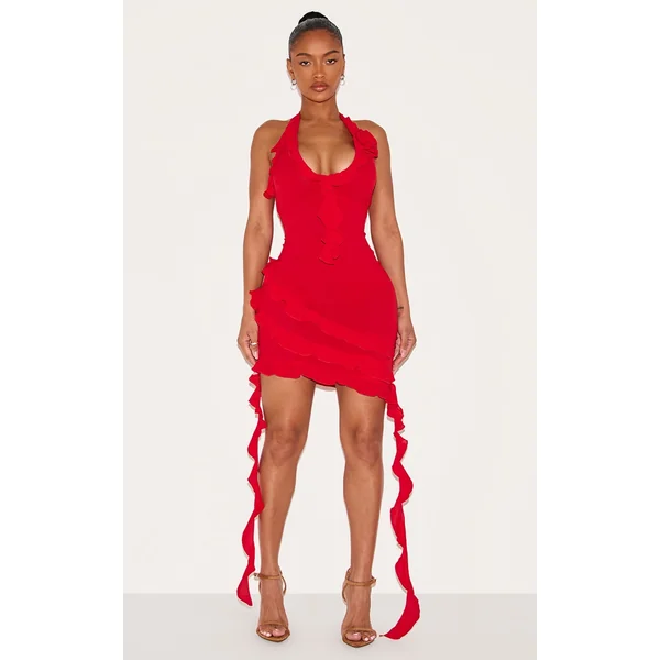 Shape Red Woven Halterneck Frill Detail Mini Dress
