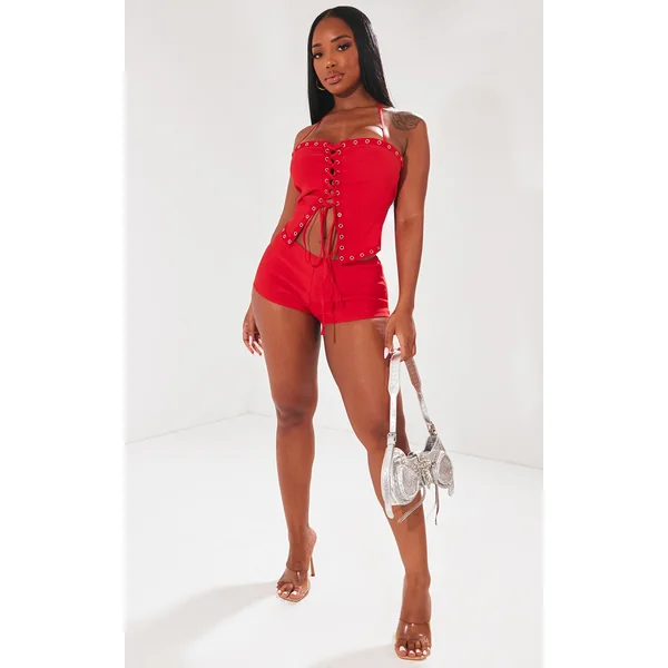 Shape Red Woven Low Rise Hot Pants