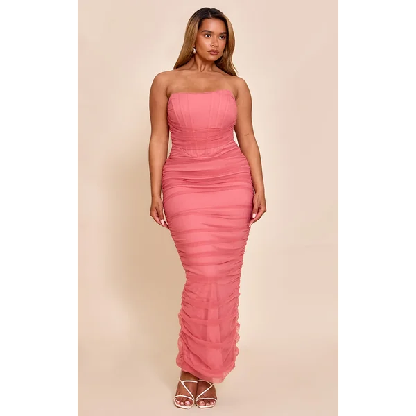 Shape Rose Mesh Corseted Bandeau Maxi Dress