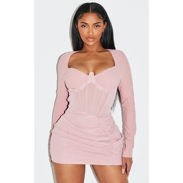 Shape Rose Mesh Insert Corseted Ruched Side Mini Dress