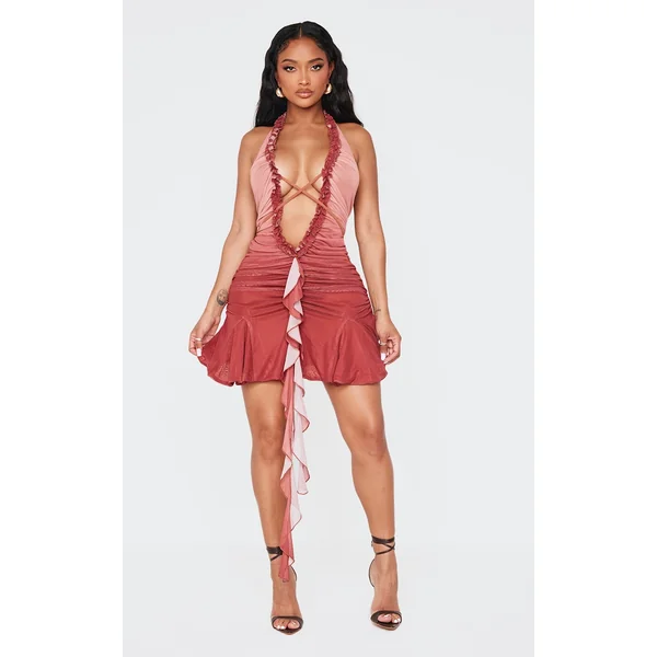 Shape Rust Deep Plunge Frill Hem Mini Dress