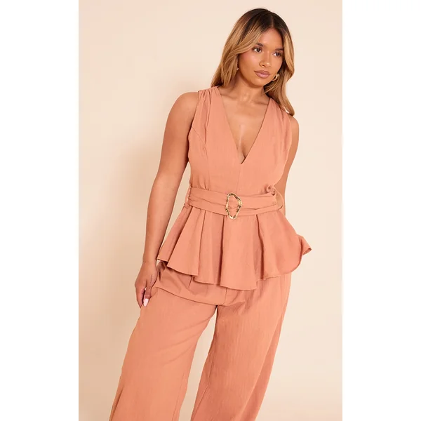 Shape Rust Linen Gold Trim Belted Peplum Top