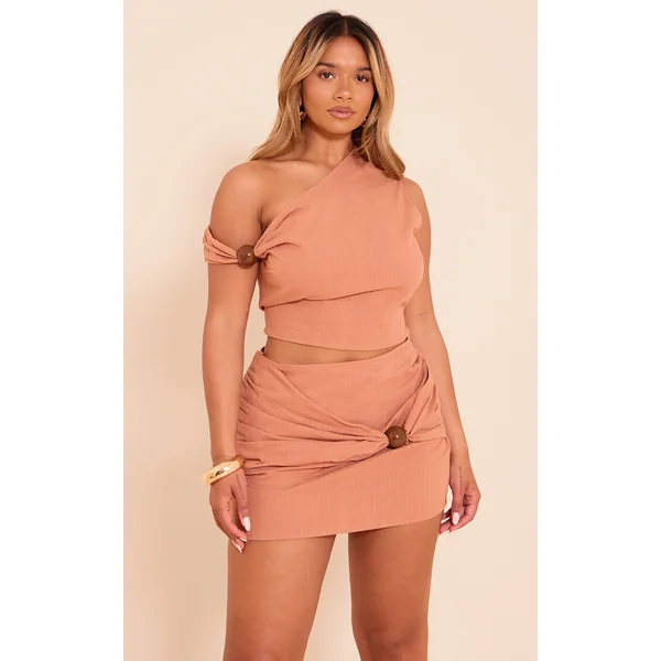 Shape Rust Linen Off Shoulder Beaded Top