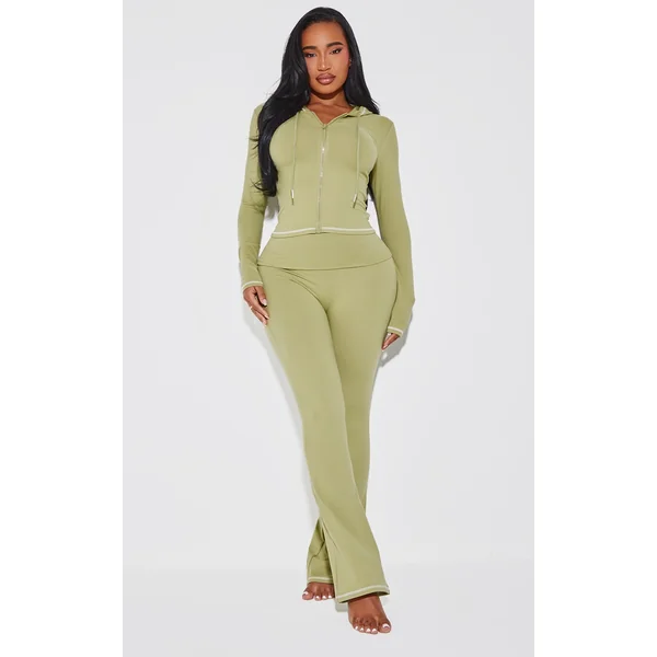 Shape Sage Green Sculpted Contrast Stitch Foldover Waist Flare Pants