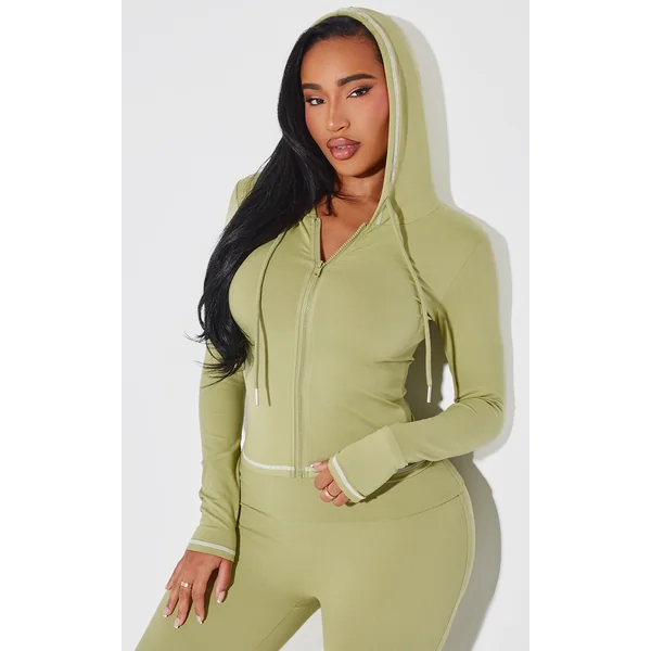 Shape Sage Green Sculpted Contrast Stitch Zip Through Hoodie