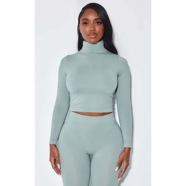 Shape Sage Green Stretch Seamless High Neck Long Sleeve Top