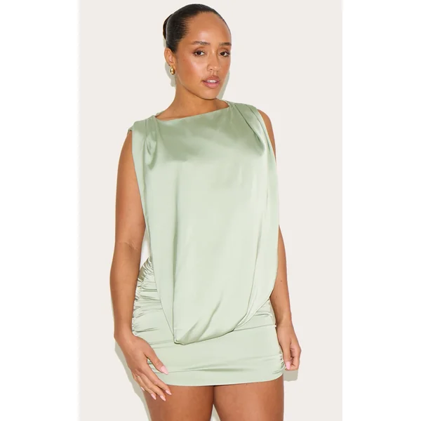 Shape Sage Stretch Satin Boat Neck Drape Front Ruched Mini Dress