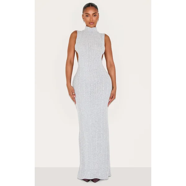 Shape Silver Brushed Rib High Neck Open Back Maxi Dress