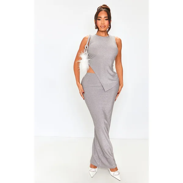 Shape Silver Lurex Glitter Low Rise Maxi Skirt