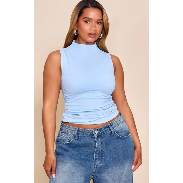 Shape Sky Blue Built In Bra Sculpt Boat Neck Ruched Side Top