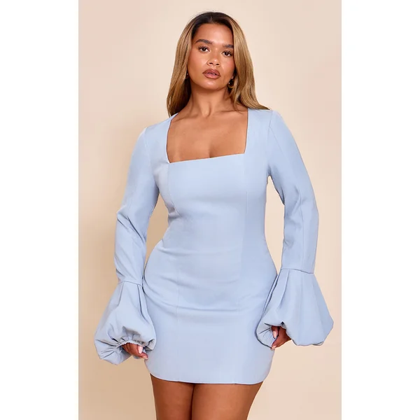 Shape Sky Blue Woven Square Neck Puffball Sleeve Mini Dress