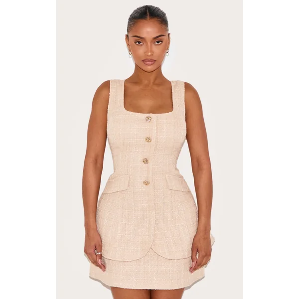 Shape Stone Boucle Square Neck Layered Hammered Button Mini Dress