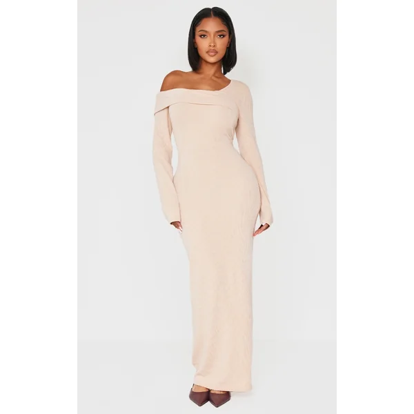 Shape Stone Brushed Rib Fold Over Off Shoulder Long Sleeve Maxi Dress