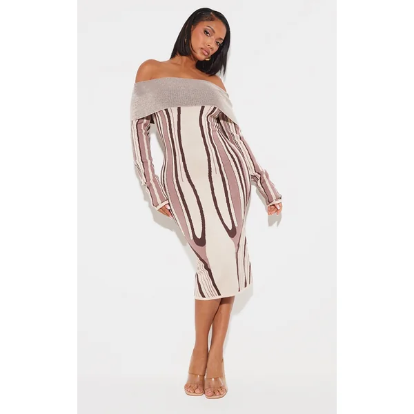 Shape Stone Knit Abstract Print Bardot Midaxi Dress