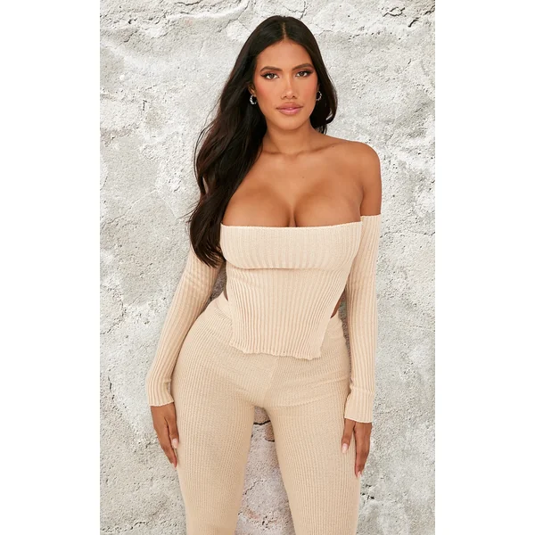 Shape Stone Knit Bardot Split Side Detail Top