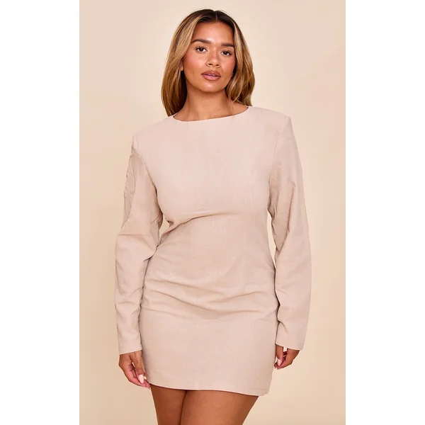 Shape Stone Linen Boat Neck Shoulder Pad Mini Dress