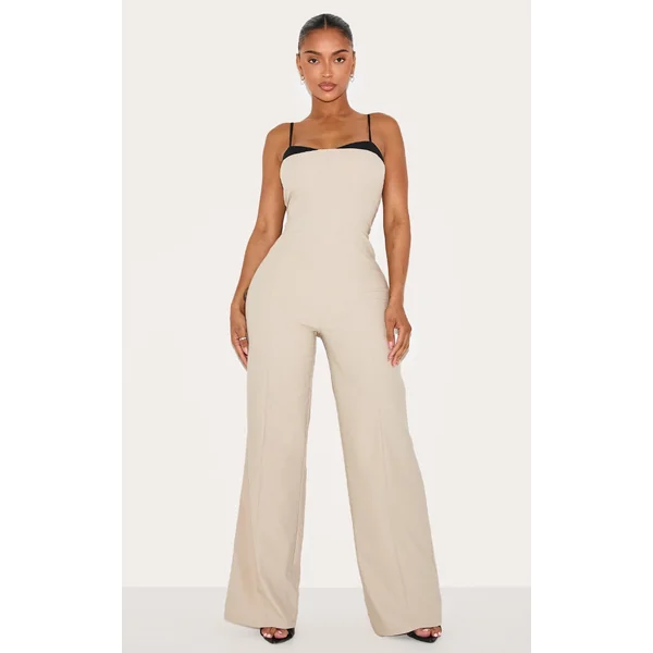 Shape Stone Stretch Woven Contrast Edge Wide Leg Jumpsuit