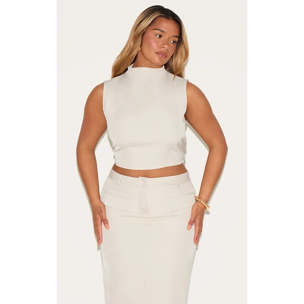 Shape Stone Tailored High Neck Curved Hem Top