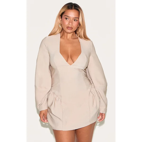 Shape Stone Tailored Plunge Front Cocoon Sleeve Cinched Waist Mini Dress