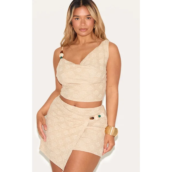 Shape Stone Textured Cowl Neck Beaded Strap Crop Top