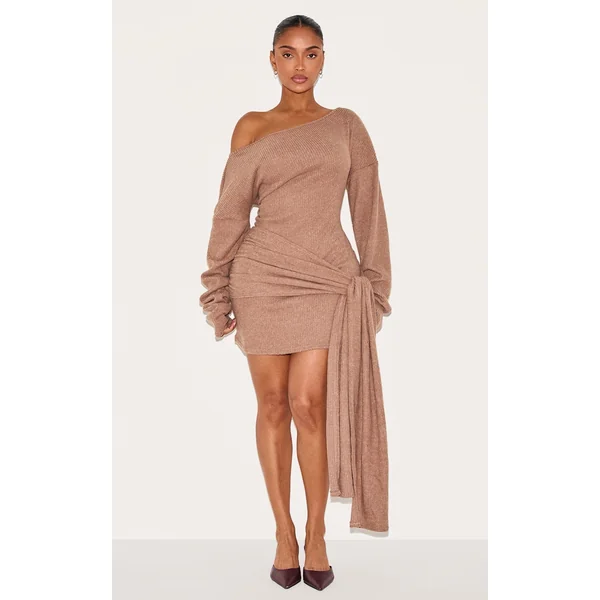 Shape Taupe Brushed Rib Boat Neck Wrap Waist Mini Dress