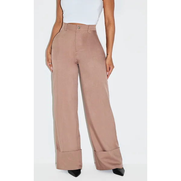 Shape Taupe High Waisted Tailored Turn Up Hem Wide Leg Pants