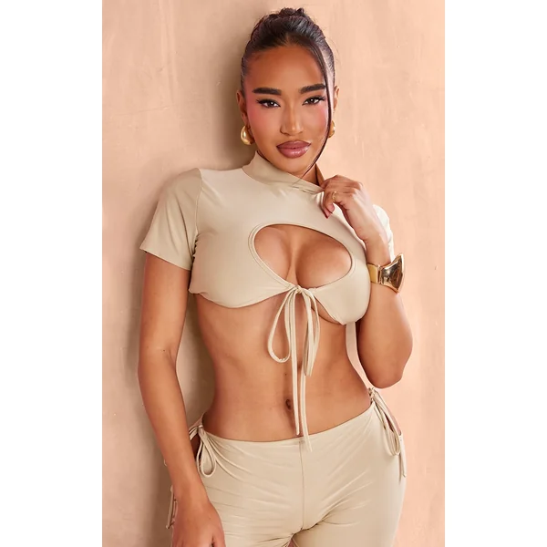Shape Taupe Slinky High Neck Tie Front Cropped T-shirt