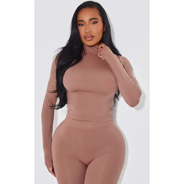 Shape Taupe Stretch Seamless High Neck Long Sleeve Top