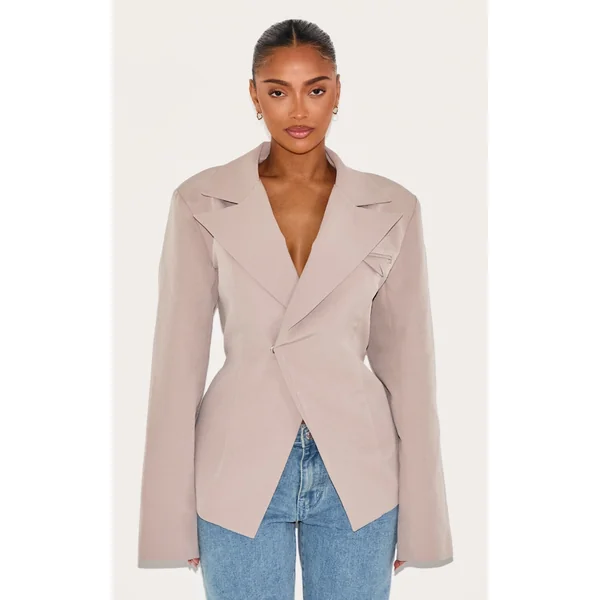 Shape Taupe Tailored Asymmetrical Cross Over Adjustable Waist Blazer